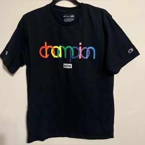Champion + KITH Black Tee with Multicolor Logo